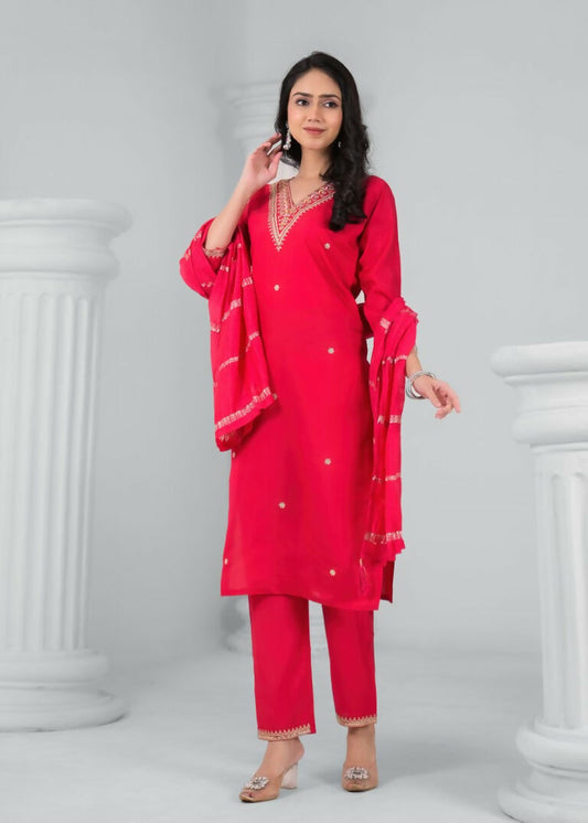 Ethnic Festive Wear Chanderi Red Stitched Suit With Dupatta - Tanisha | Swadesiicart