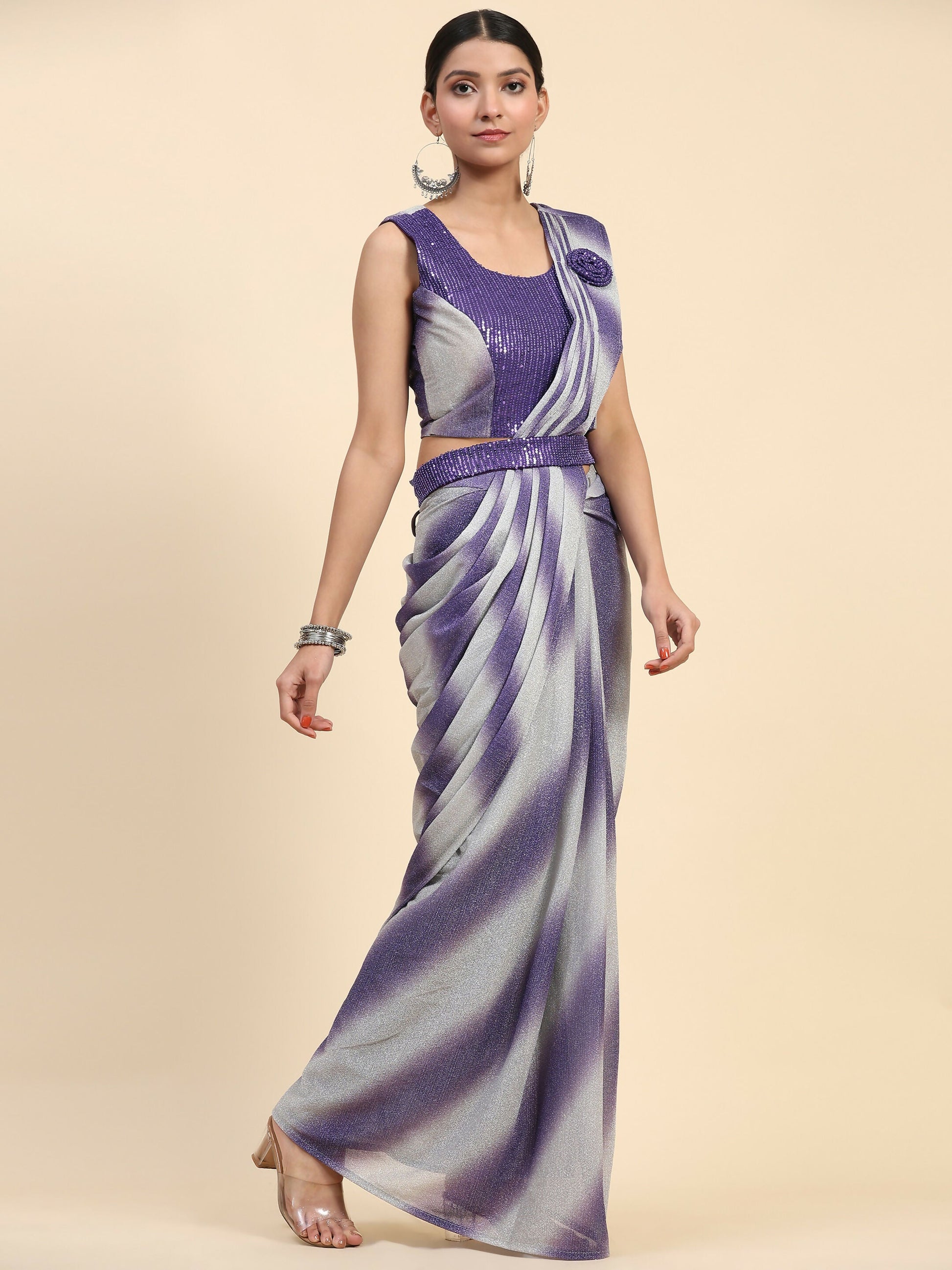 Purple Polyester Solid Ready to Wear Saree with stitched Blouse - Aayan | Swadesiicart