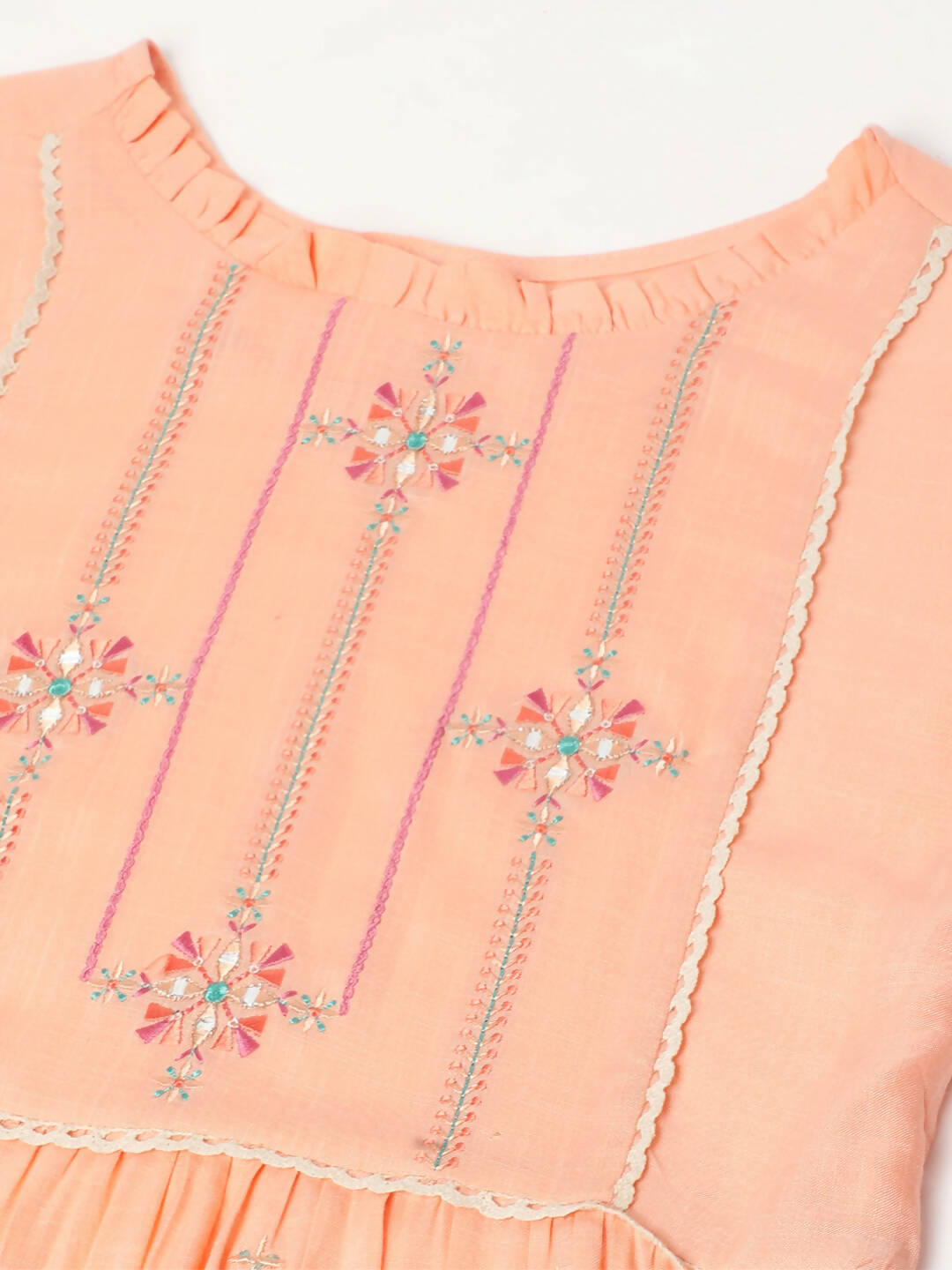 Peach Poly Cotton Yoke Embroidered A-line Top - Tarini - Swadesiicart