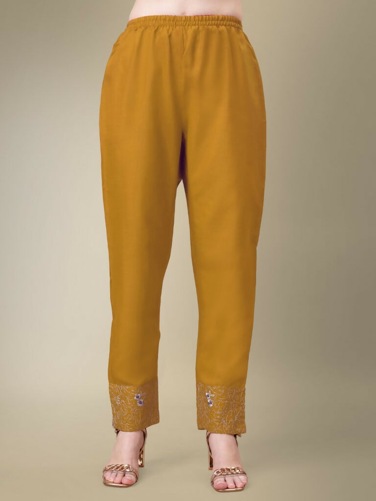 Jyoti Fashion Women's Yellow Cotton Blend Embroidery & Fancy Lace work Kurta with Trouser & Dupatta | Swadesiicart