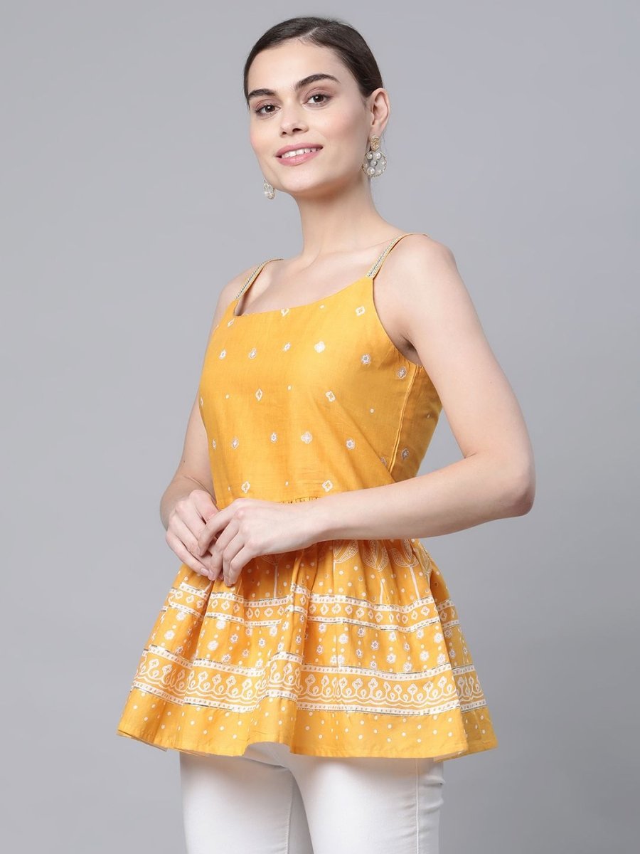 Ahalyaa Women Mustard Pure Cotton Porcian Print Shoulder Straps Tunic | Swadesiicart