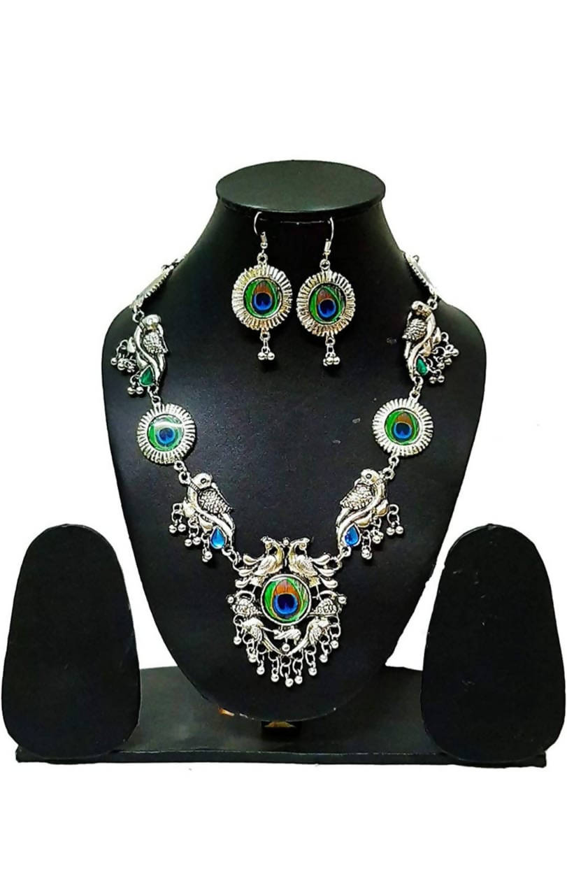 Mominos Fashion Silver-Plated Peacock Design Necklace Set Mangalsutra - Mominos Fashion