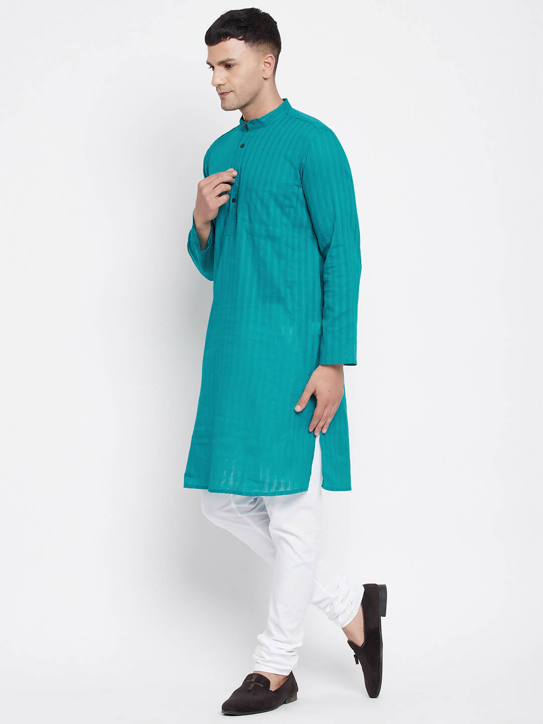 Even Apparels Green Pure Cotton Men's Kurta With Band Collar | Swadesiicart
