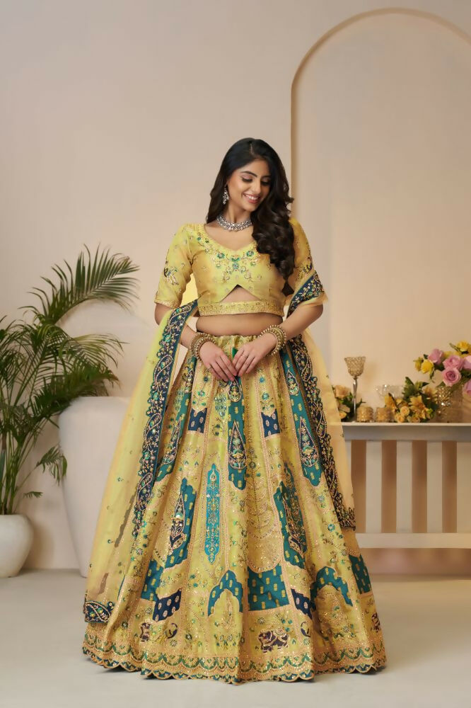 Kesar Fab Yellow Banarasi Silk Embroidered Lehenga | Swadesiicart