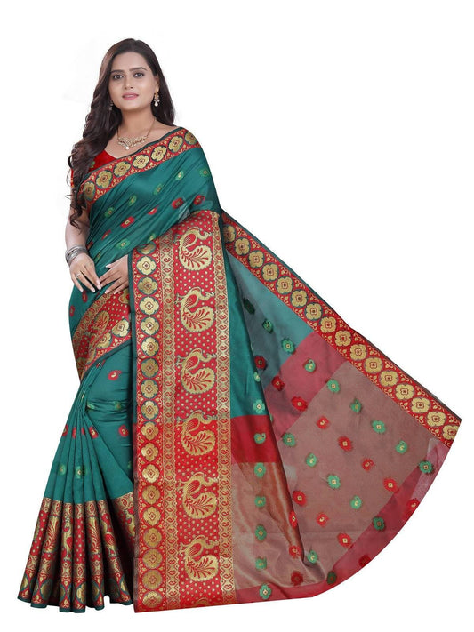 Vamika Banarasi Cotton Silk Rama Green Weaving Saree | Swadesiicart