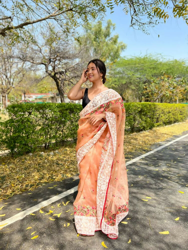 Vamsee Riddhi-Siddhi -1 Orange Organza Saree - Swadesiicart