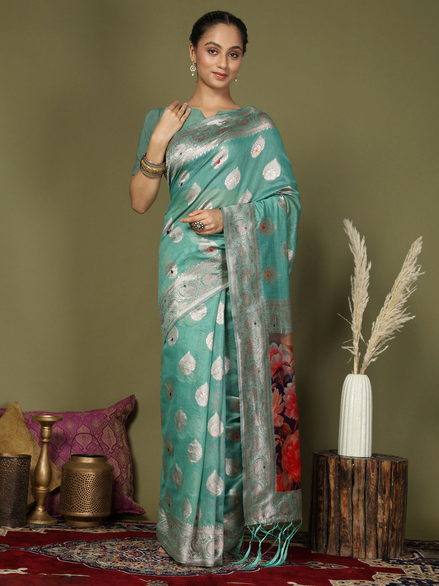 Shree Shyam Fashion Linen Cotton Rama Green Saree