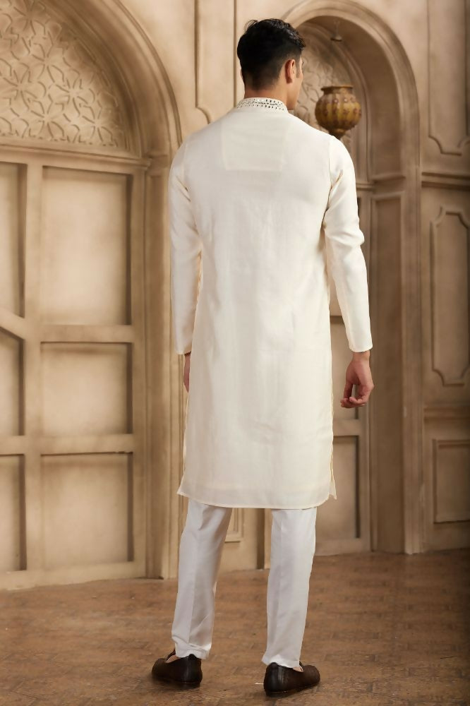 Raivat Ethnic Banarasi Art Silk Mirror Work Kurta Pajama In Cream Colour | Swadesiicart