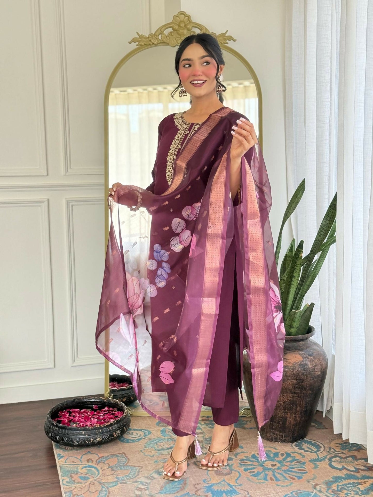 The52 Wine Women's Gorgeous Rayon Fabric Embroidered Work Straight Kurta Pant and Dupatta Set - Swadesiicart