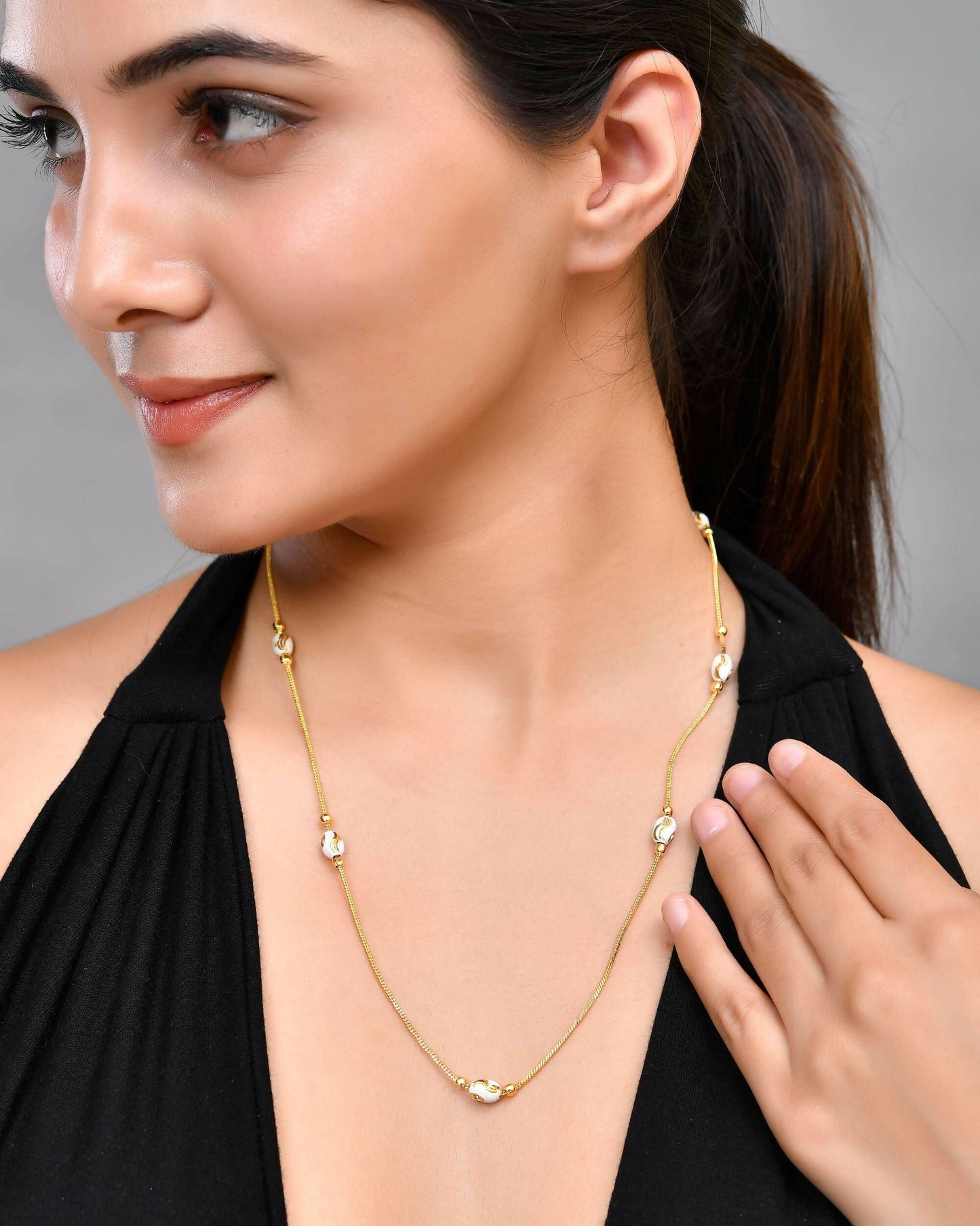 VOJ Gold-Polished Chain with White Hand Crafted Beads | Swadesiicart