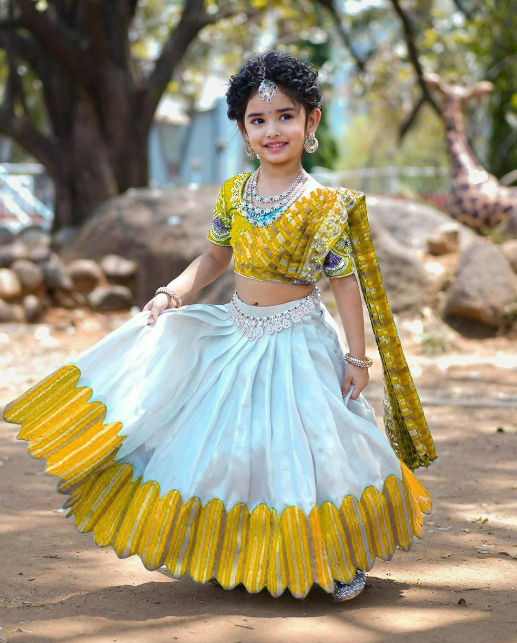Jyoti Fashion Classy Yellow Heavy Chenille Sequins Embroidered Kids Lehenga Choli Set | Swadesiicart