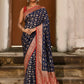 Joban Fashion Navy Blue Crepe Chiffon Pure Handloom Banarasi Silk Saree | Swadesiicart