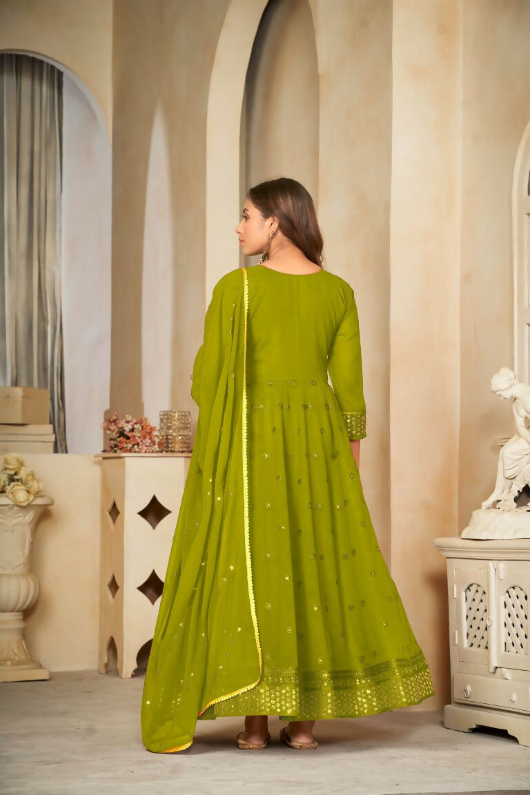 Jyoti Fashion Women's Mehendi Georgette Embroidered Anarkali Kurta Pant Set With Dupatta | Swadesiicart
