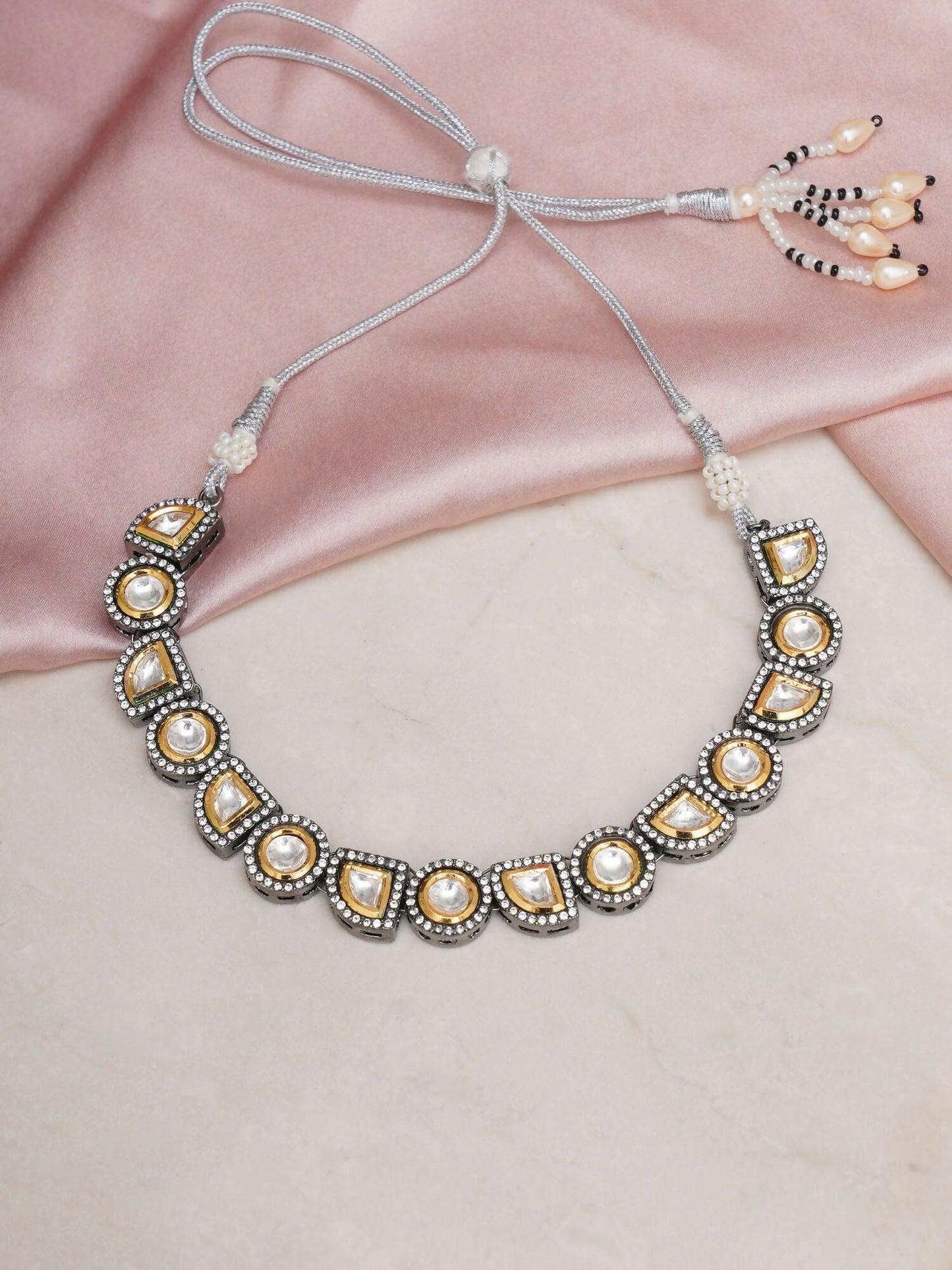 Dual Tone Kundan Neckpiece (silver) - Ruby Raang | Swadesiicart