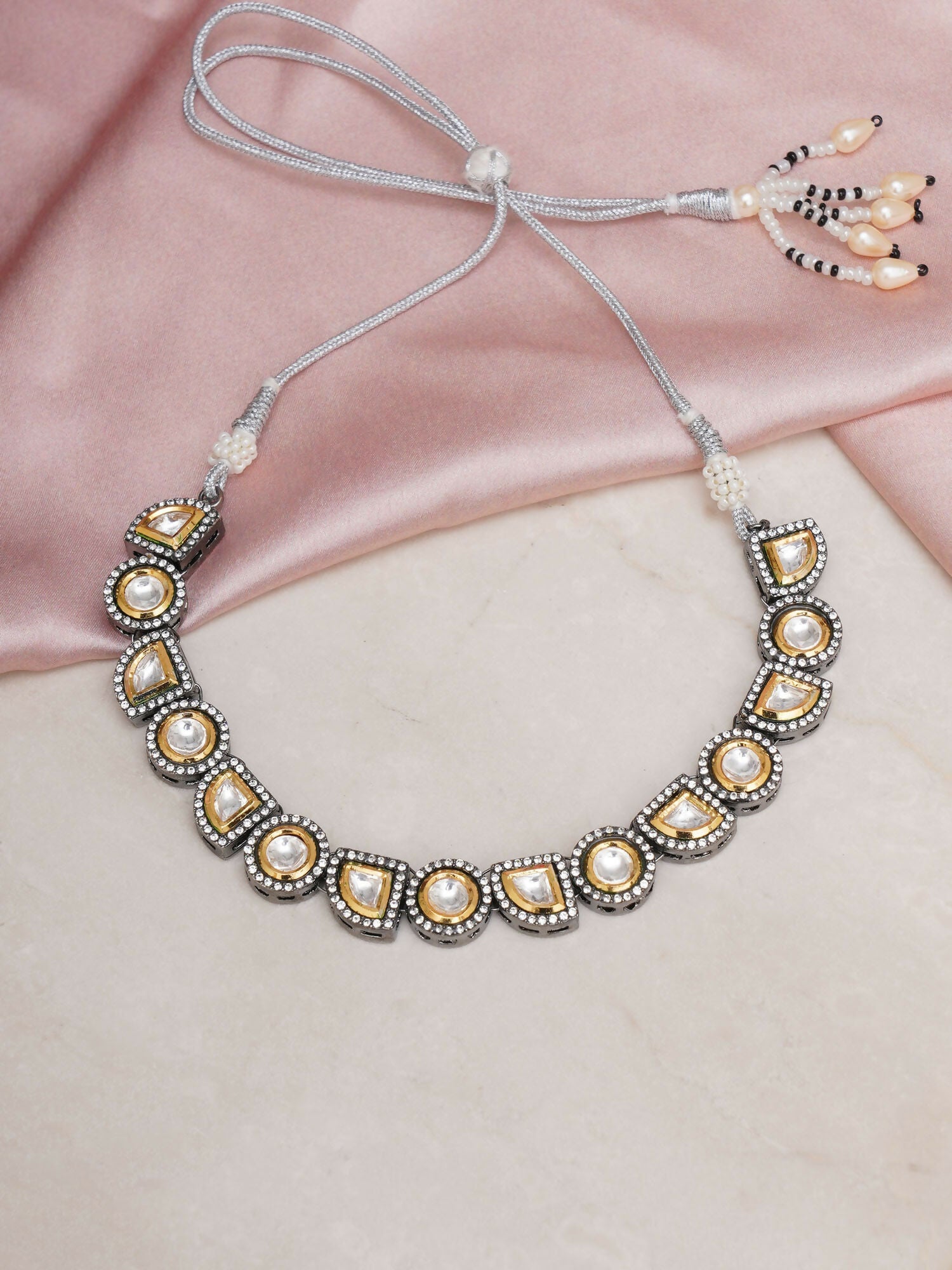 Dual Tone Kundan Neckpiece (silver) - Ruby Raang | Swadesiicart