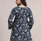 Aavyora Women's Navy Blue Cotton Tunic with Red and White Floral Print, Pin-Tuck Detailing, and Flared Sleeves