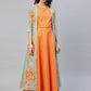 Ahalyaa Women's Orange Crepe Gold Print Top Skirt With Printed Jacket | Swadesiicart