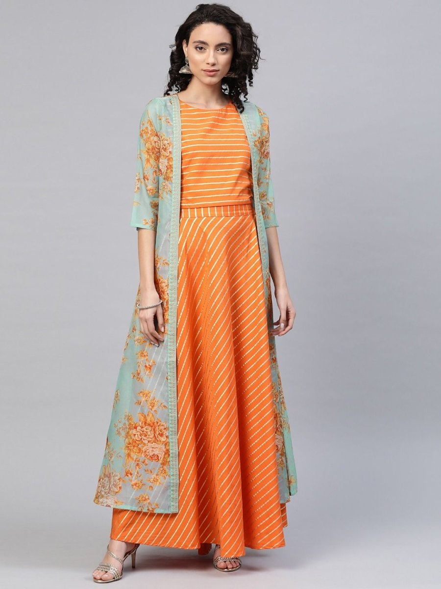 Ahalyaa Women's Orange Crepe Gold Print Top Skirt With Printed Jacket | Swadesiicart