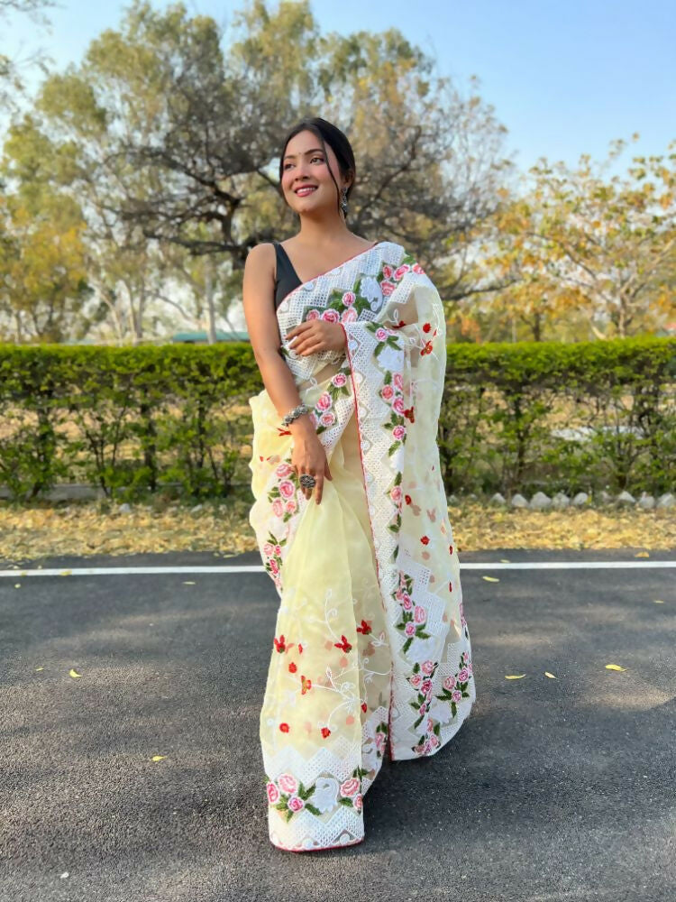 Vamsee Kamaljaal Yellow Organza Saree - Swadesiicart