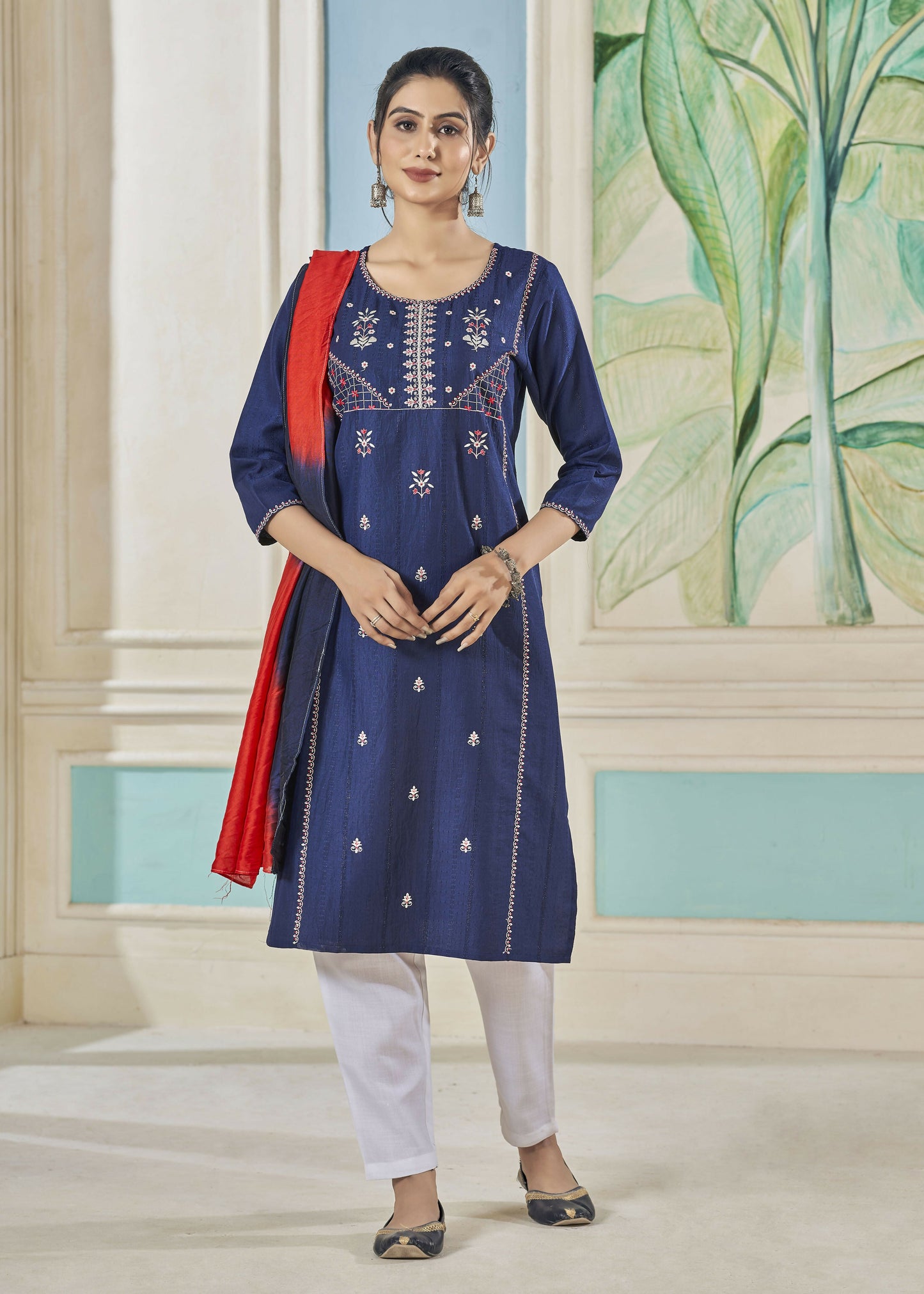 Jyoti Fashion Women's Blue Pure Viscose Weaving Stripe with Embroidery Kurta Set | Swadesiicart