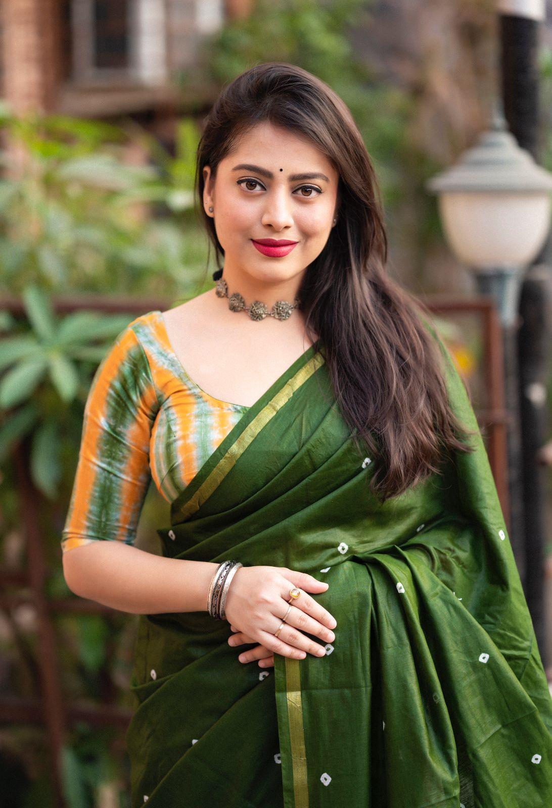 Mehndi Chanderi Cotton Block Print Saree with Unstitched Blouse - Hiral Fashion | Swadesiicart
