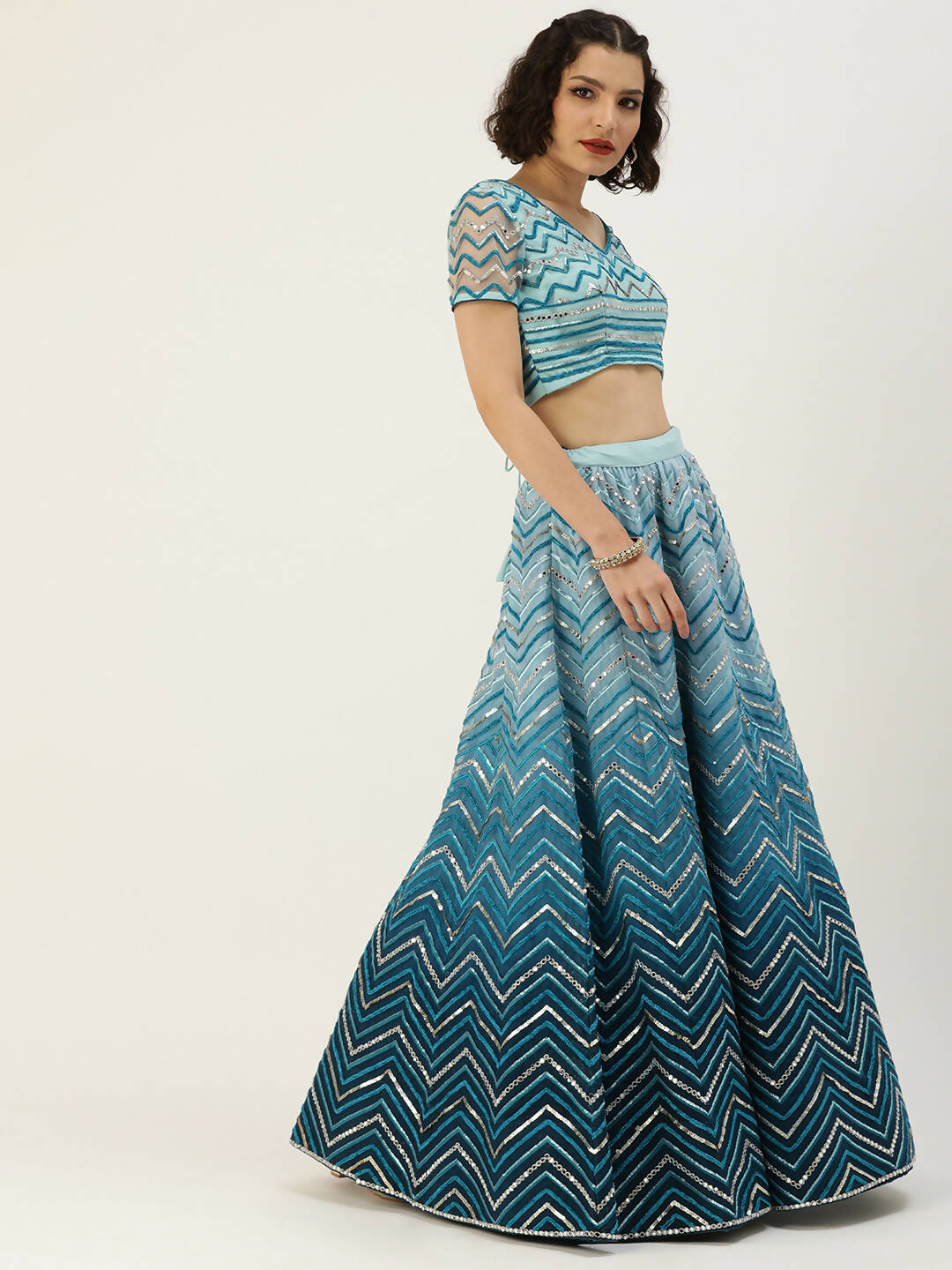 House of Panchhi Women Teal shading Net Mirror Embroidered Lehenga & Blouse with Dupatta | Swadesiicart