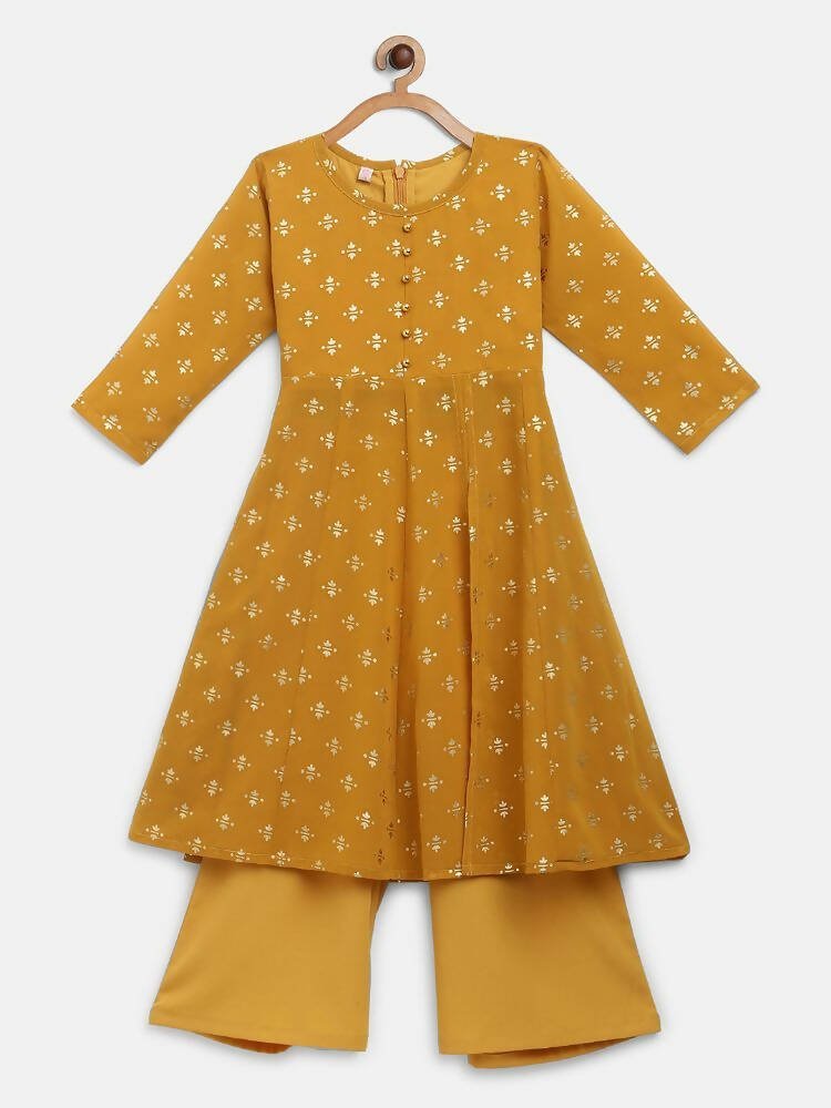 Ahalyaa Mustard Georgette Flared Kids Kurta Palazzo Set For Girls | Swadesiicart