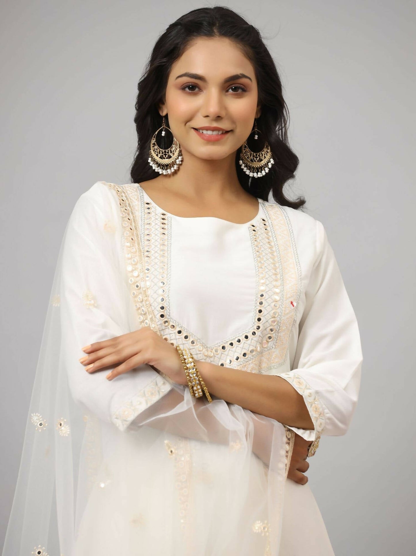 Juniper Women's White Chinnon Solid Embroidered Kurta Set | Swadesiicart