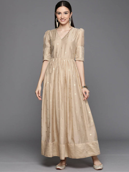 Ahalyaa Women's Beige Chanderi Gold Foil Print Dress | Swadesiicart