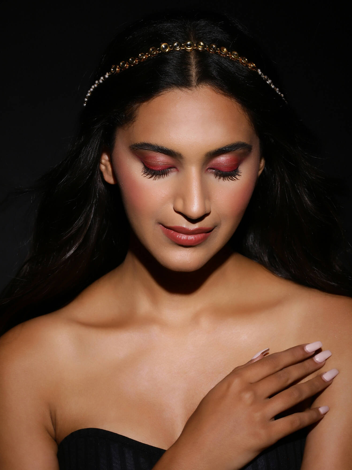 Gold-Polished White Kundan-Studded Pearl Beaded Matha Patti - Ruby Raang | Swadesiicart