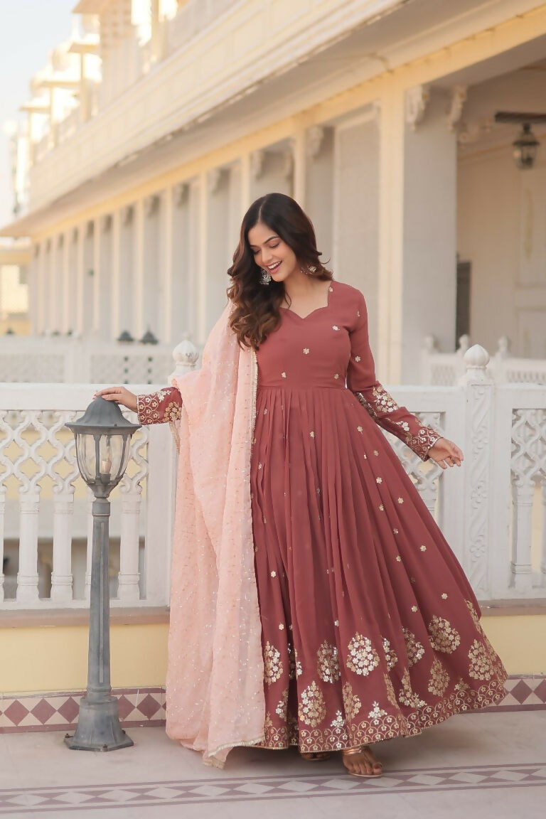 Jyoti Fashion Women's Brown Faux Georgette Sequins Thread Embroidery Anarkali Dress with Dupatta | Swadesiicart