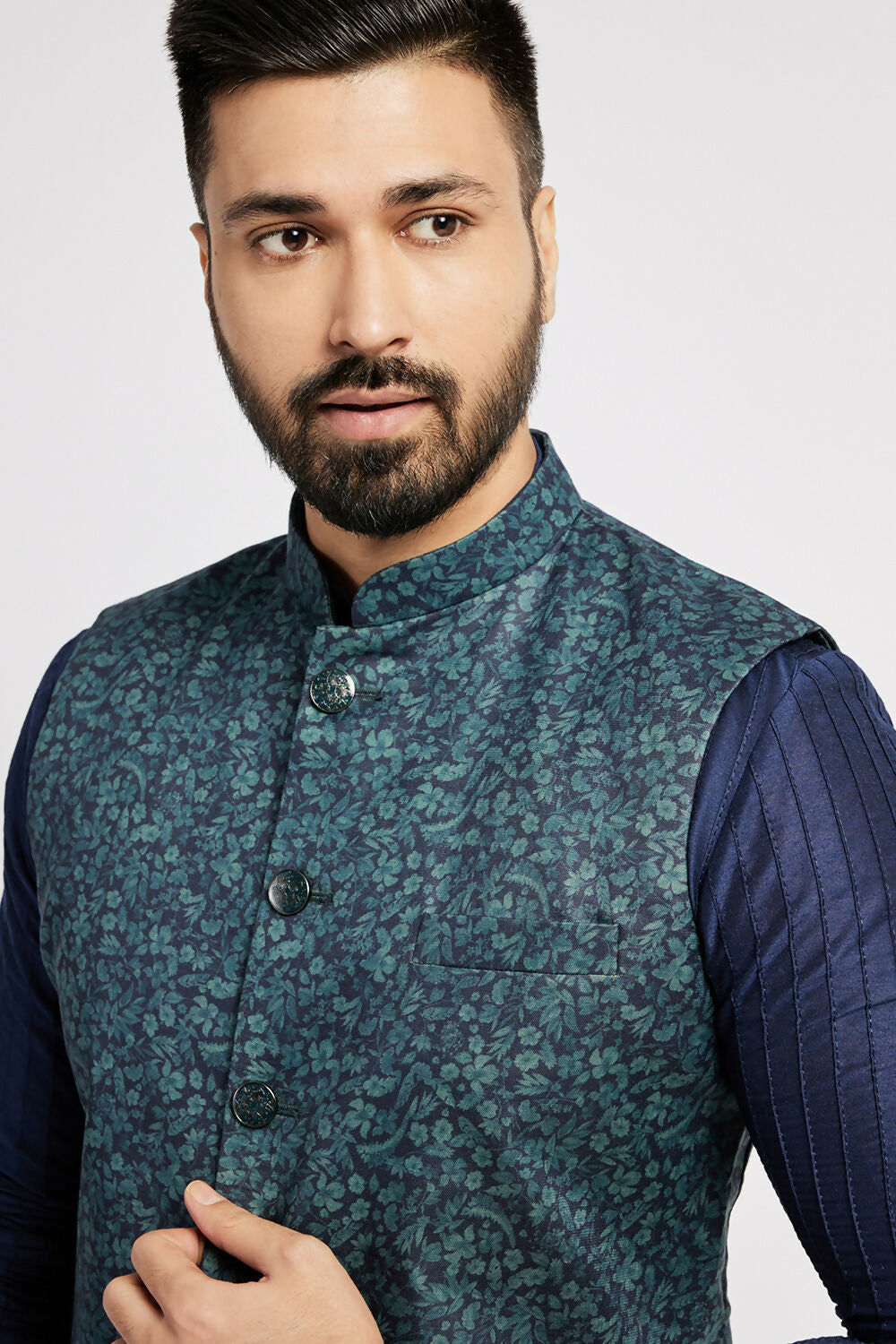 Ethnic India Navy Blue Bundi Men's Jacket Geometric Polyester | Swadesiicart