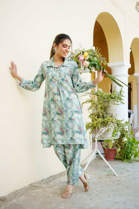 Vaasva Women Mint Muslin Printed Shirt & Pant Set - Swadesiicart