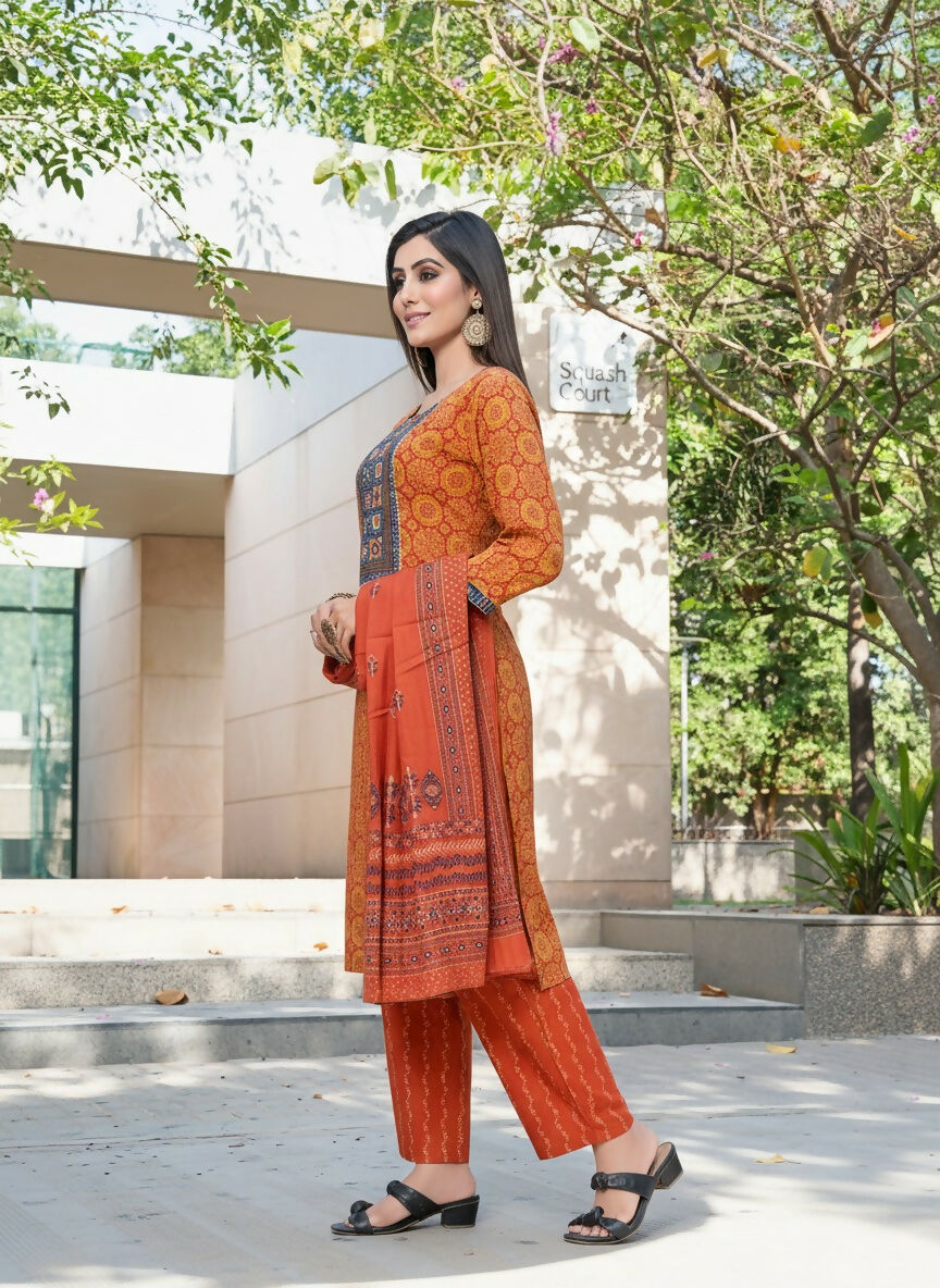 BulBul Aaliya Rust Cotton Kurta Set with Dupatta - Swadesiicart