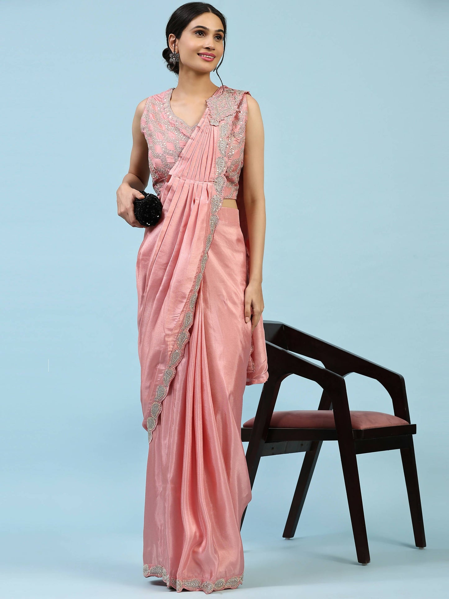 Peach Silk Satin Plain Ready to wear Saree with stitched Blouse - Vrinda | Swadesiicart