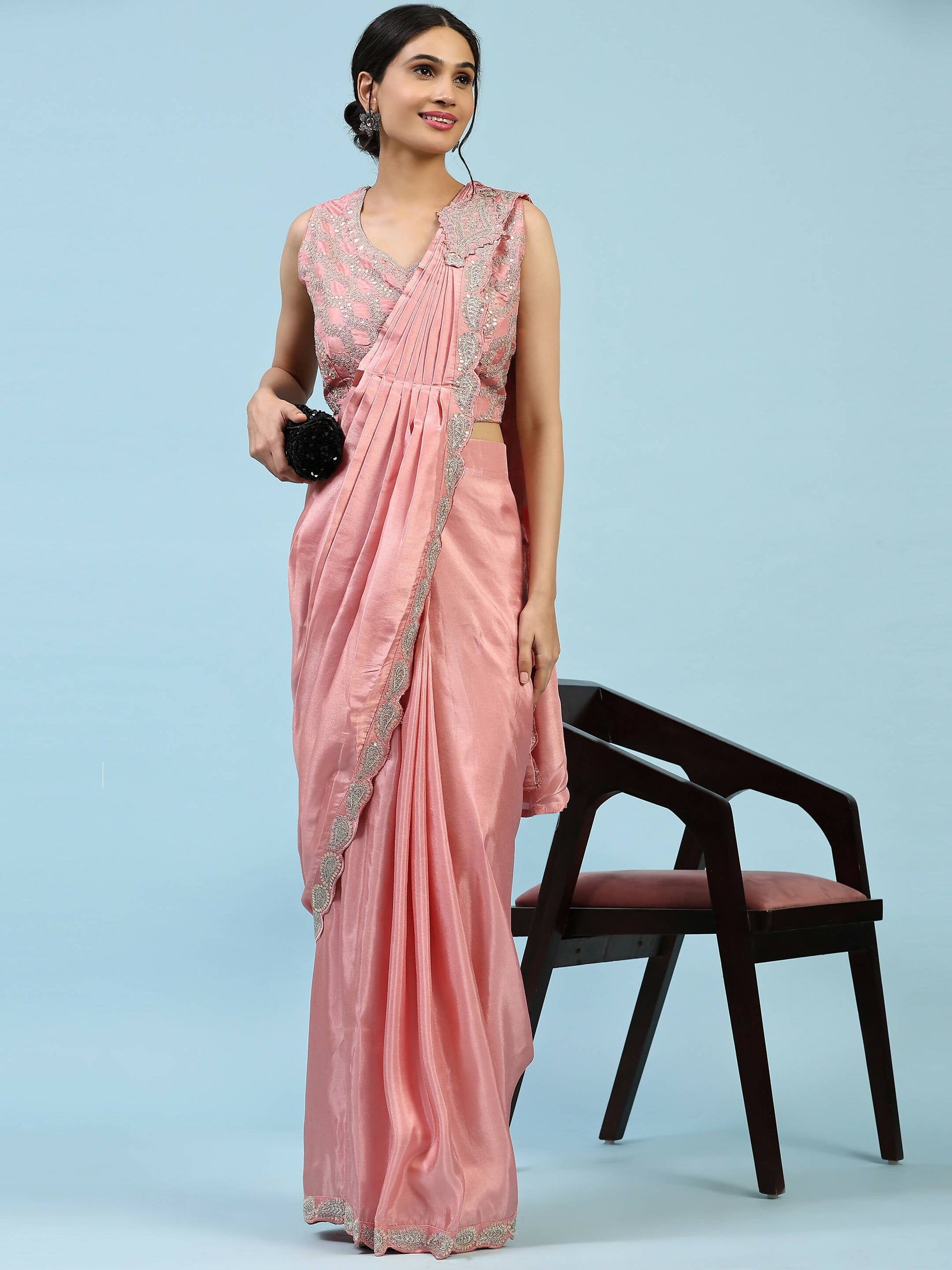 Peach Silk Satin Plain Ready to wear Saree with stitched Blouse - Vrinda | Swadesiicart