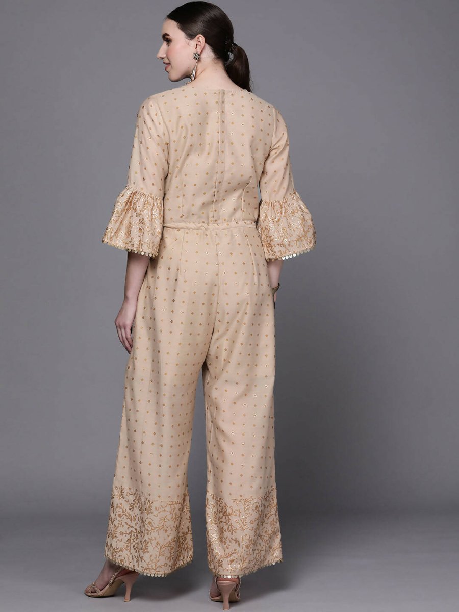 Ahalyaa Beige & Golden Printed Basic Jumpsuit - Swadesiicart