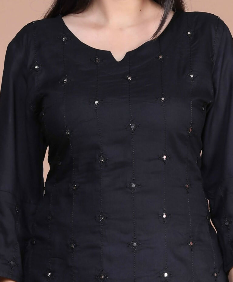 Miravan Women's Black Embroidered And Mirror Work Pakistani Straight Kurti - Swadesiicart