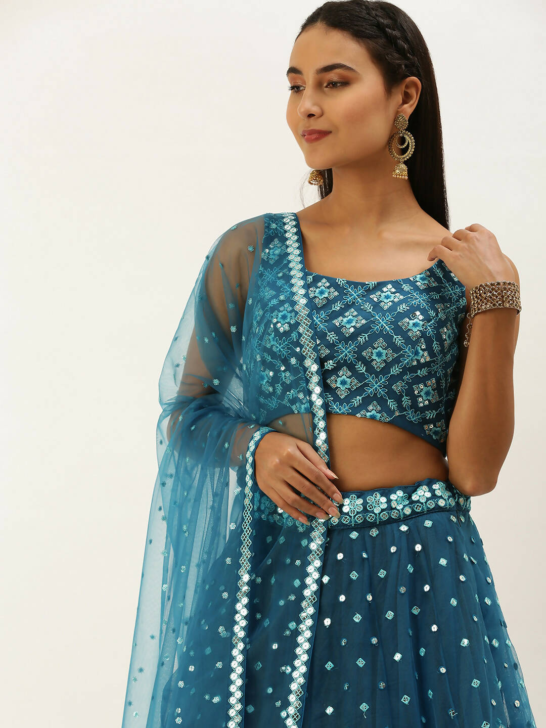 House of Panchhi Teal Net Sequinse Work Lehenga & Blouse, Dupatta | Swadesiicart