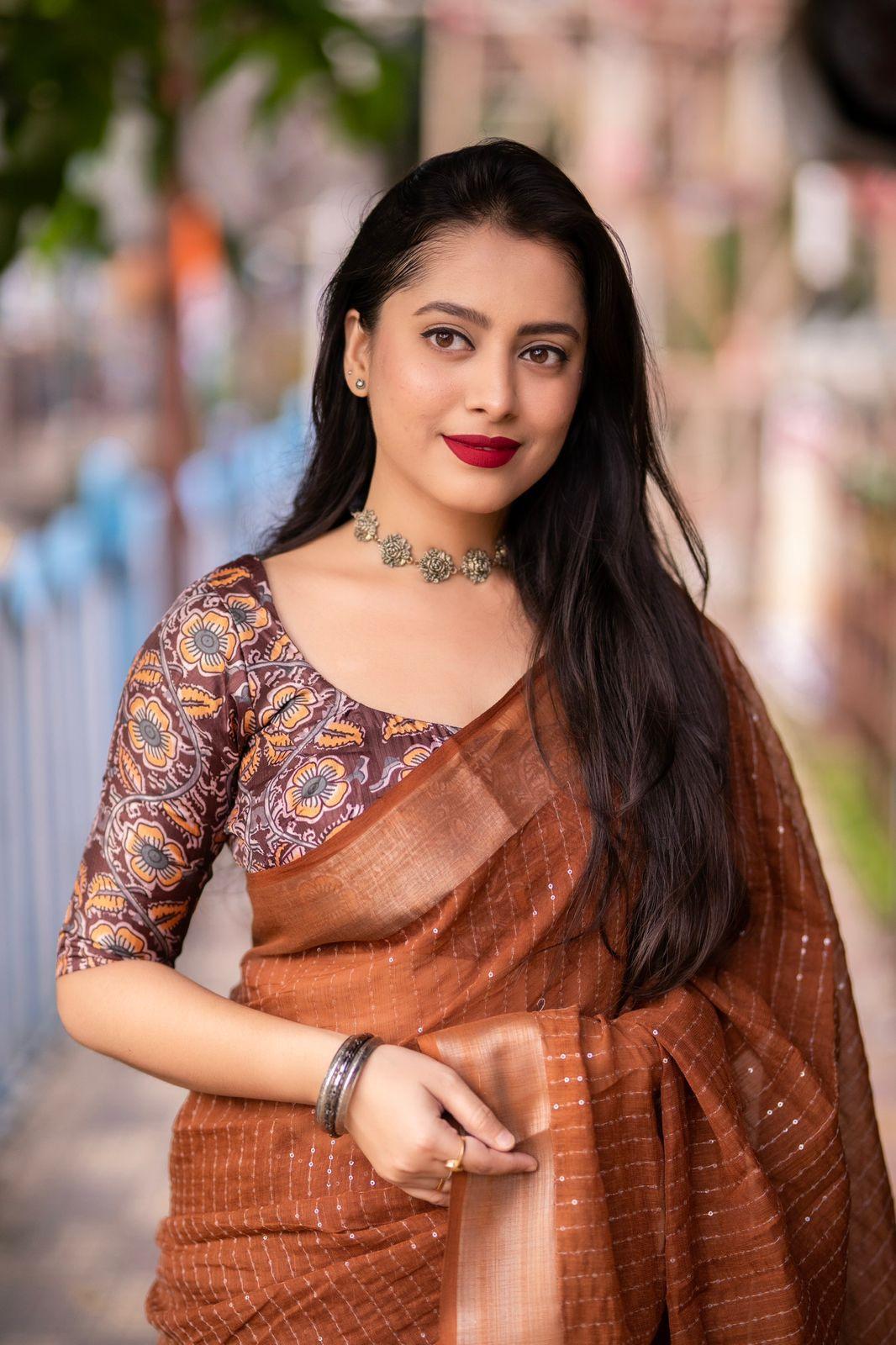 Brown Linen Sequence Saree with Unstitched Blouse - Hiral Fashion | Swadesiicart