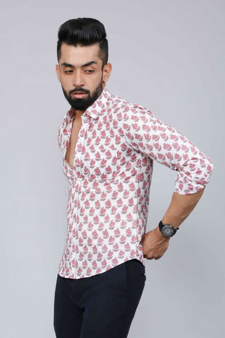 Miravan Men's White & Pink Spread Collar Floral Print Shirt | Swadesiicart