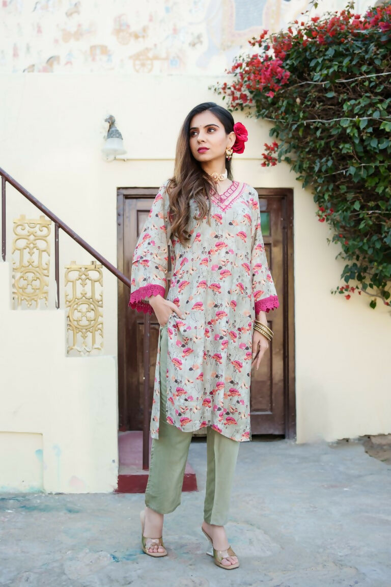 Vaasva Women Pista Green Muslin Embroidered Kurta & Pant Set | Swadesiicart