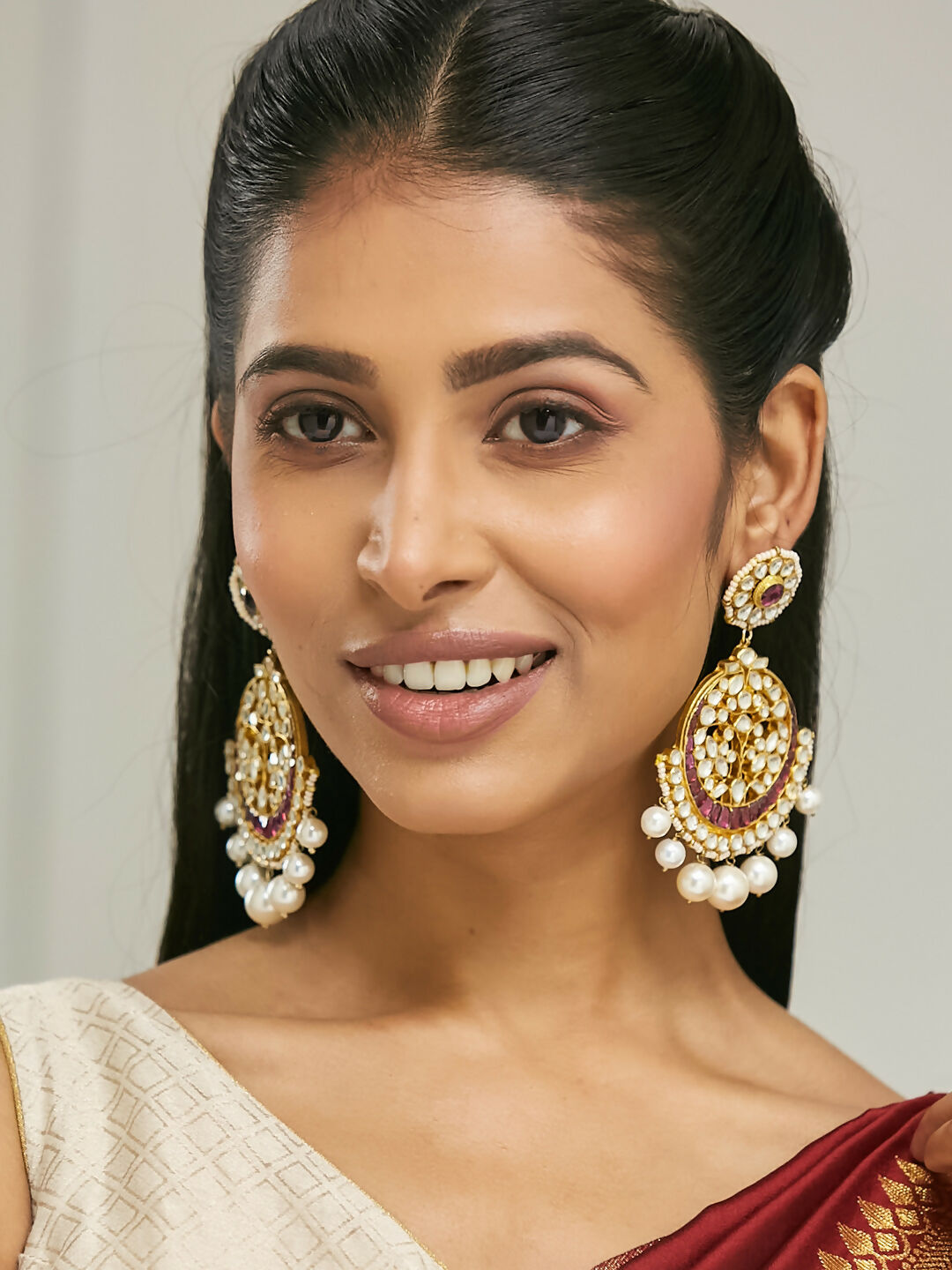 Nuyug 22K Gold-Plated Elegant Ruby & Kundan Stone Studded With Pearl Beaded Floral Chandbalis | Swadesiicart