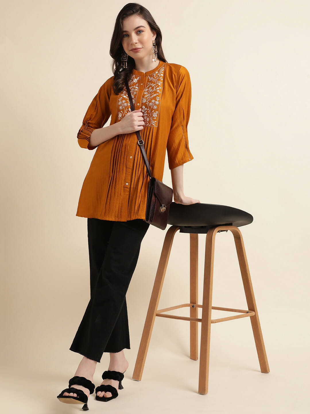 Mustard Chinon Yoke Embroidered A-line Top - Tarini - Swadesiicart
