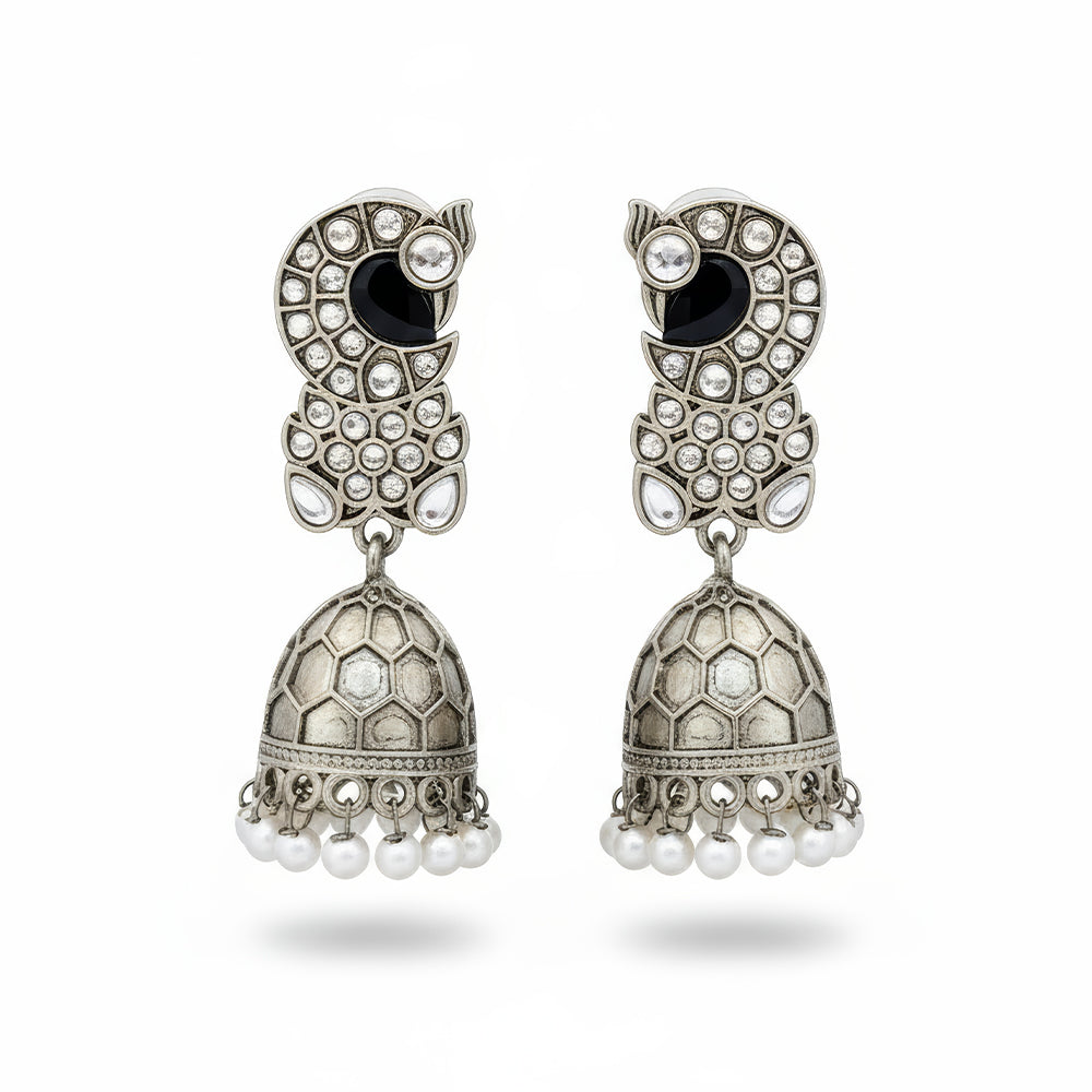 JS Fashion Clustered Pearl Fancy Oxidised Silver Jhumka Earrings for Women & Girls | Swadesiicart