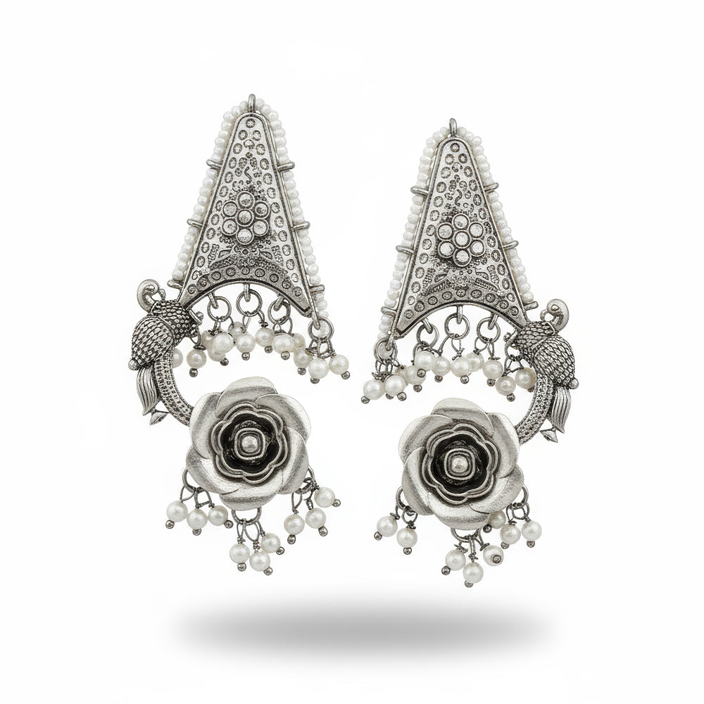 JS Fashion Oxidized Silver Flower Design Jhumka Earrings for Women | Swadesiicart