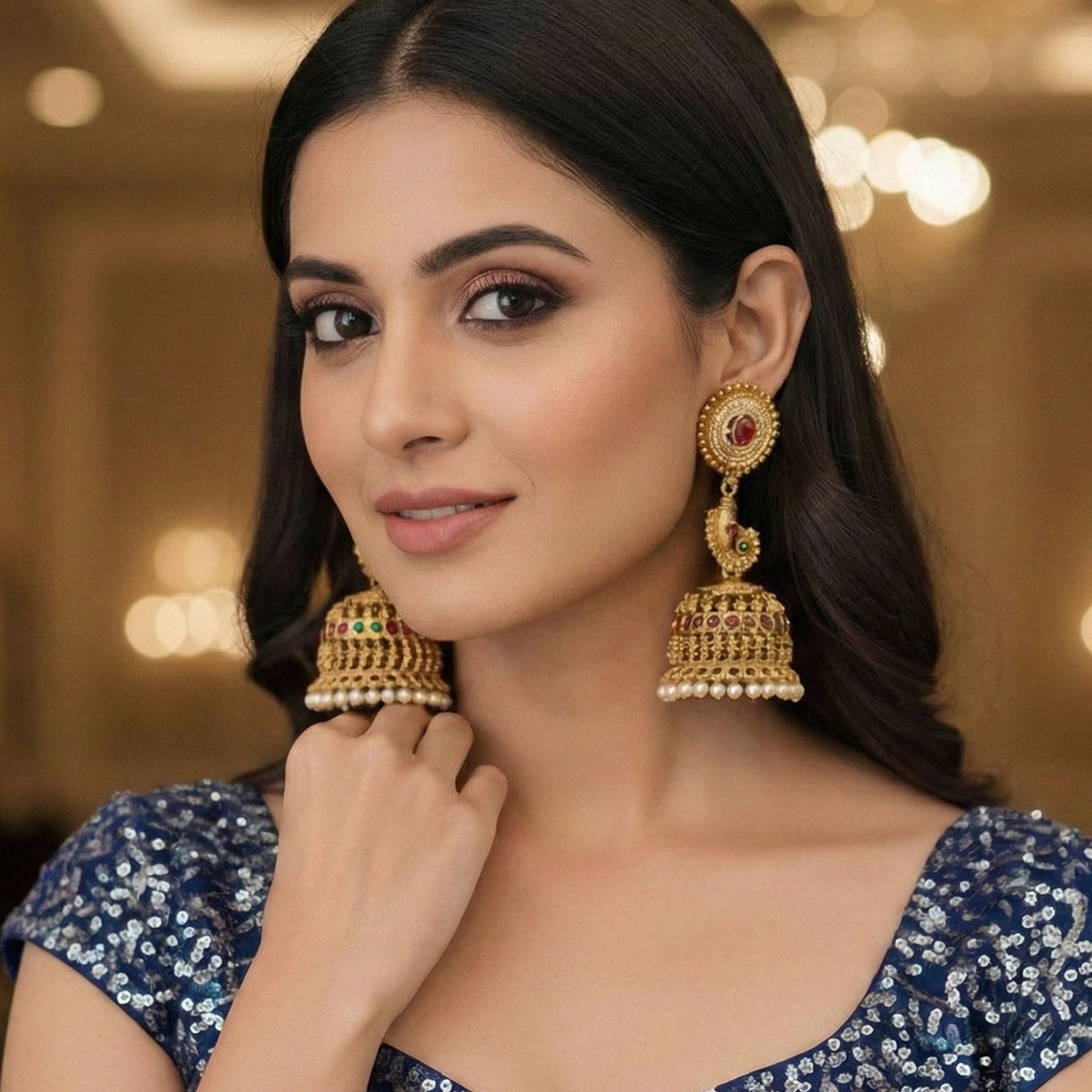 JS Fashion Temple Designer Jhumka Clustered Pearl Earrings for Women & Girls | Swadesiicart