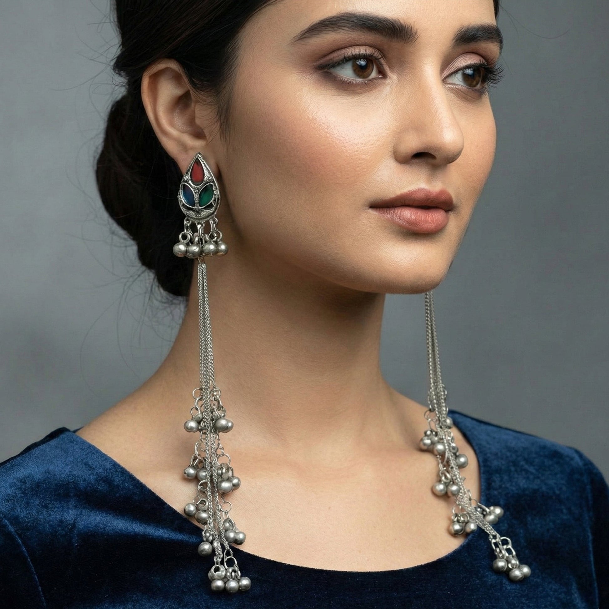 JS Fashion Designer Oxidized Silver Long Ghungroo Earrings for Women & Girls | Swadesiicart