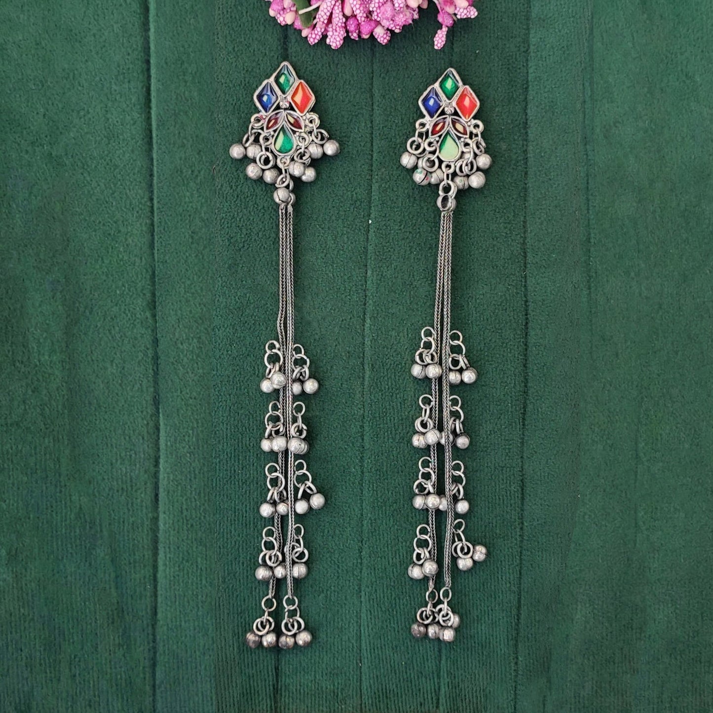 JS Fashion Oxidized Silver Long Multicolor Ghungroo Earrings for Women & Girls | Swadesiicart