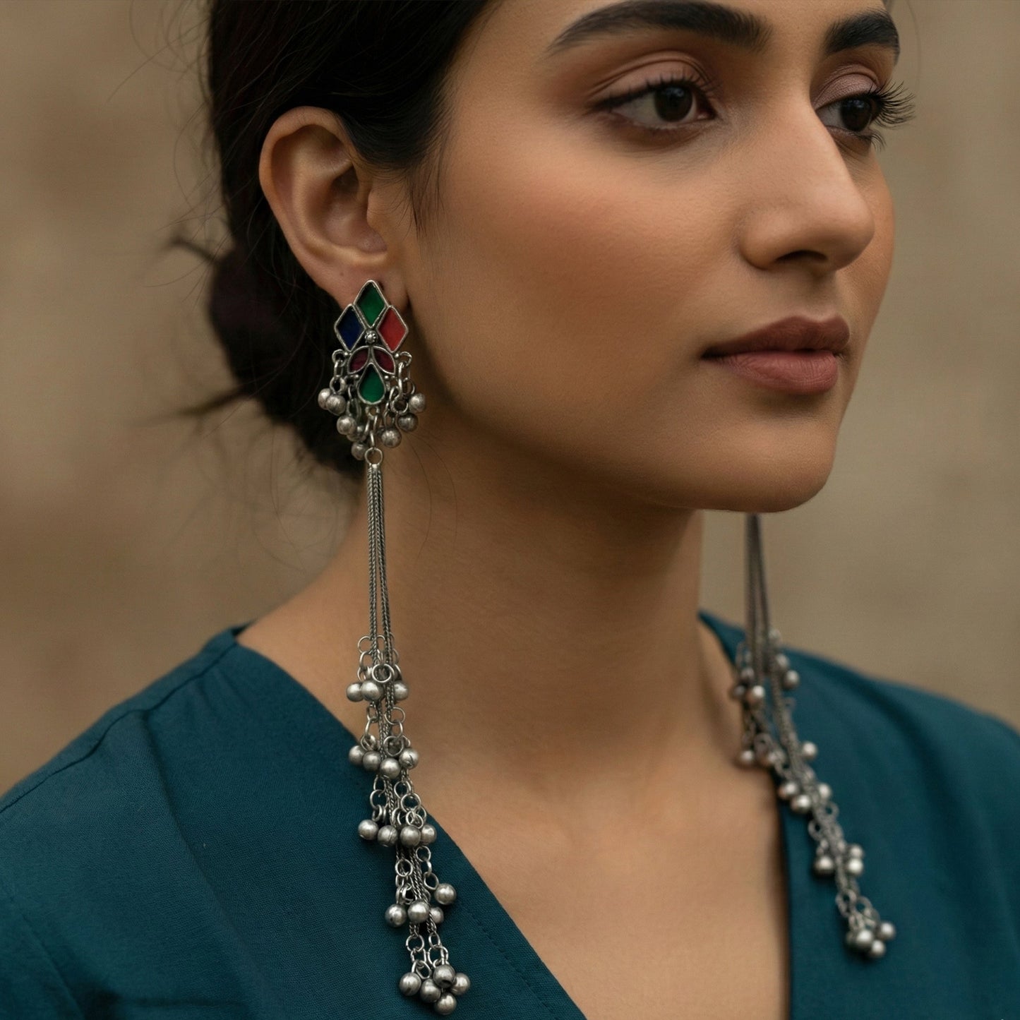 JS Fashion Oxidized Silver Long Multicolor Ghungroo Earrings for Women & Girls | Swadesiicart